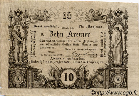 10 Kreuzer AUSTRIA  1860 P.A093b VF