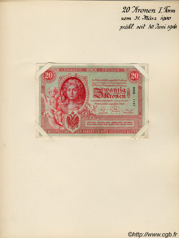 20 Kronen Spécimen AUSTRIA  1900 P.005s EBC+