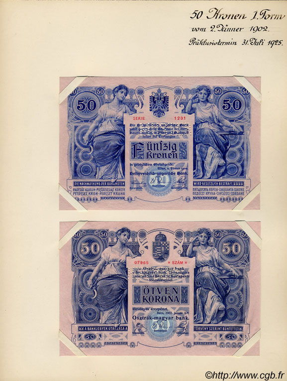 50 Kronen (la paire) Spécimen AUTRICHE  1902 P.006s pr.NEUF