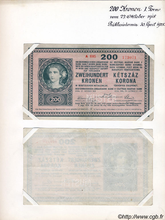 200 Kronen (la paire) Spécimen ÖSTERREICH  1918 P.024s fVZ