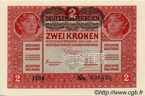 2 Kronen Spécimen AUSTRIA  1919 P.050s SC+