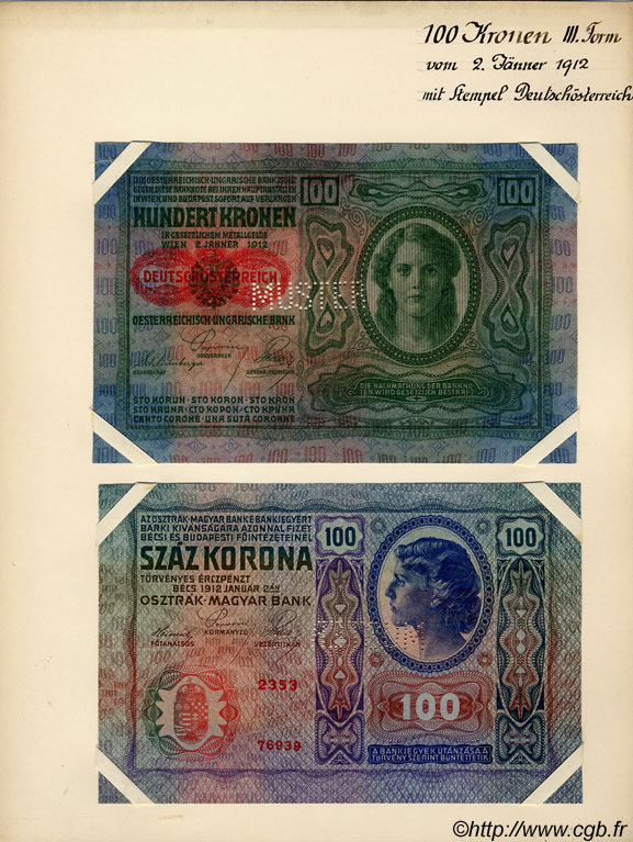 100 Kronen Spécimen ÖSTERREICH  1919 P.055s fST