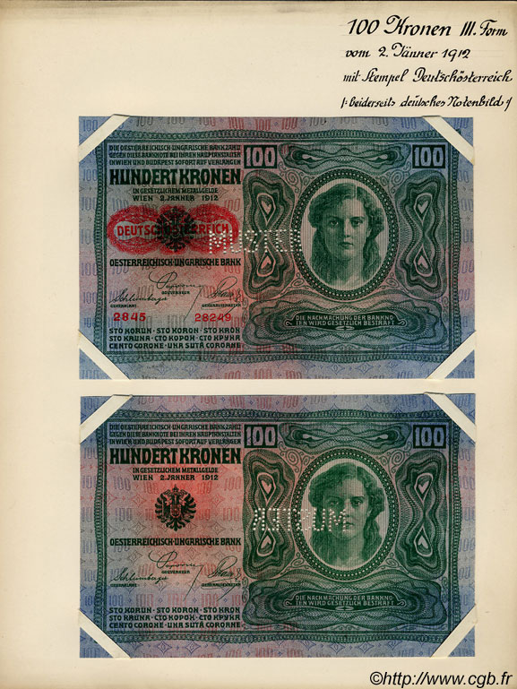 100 Kronen Spécimen ÖSTERREICH  1919 P.056s fST+