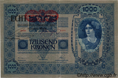 1000 Kronen surchargé ECHT AUSTRIA  1919 P.058 MB