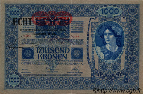 1000 Kronen surchargé ECHT AUSTRIA  1919 P.058 VF