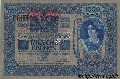 1000 Kronen surchargé ECHT Spécimen AUSTRIA  1919 P.058s SPL+