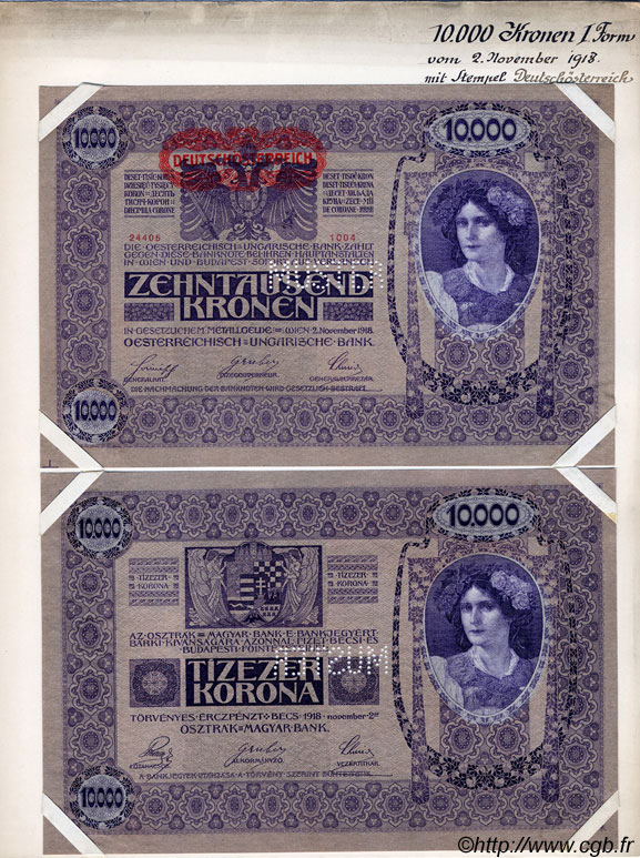 10000 Kronen Spécimen ÖSTERREICH  1919 P.062as fST+
