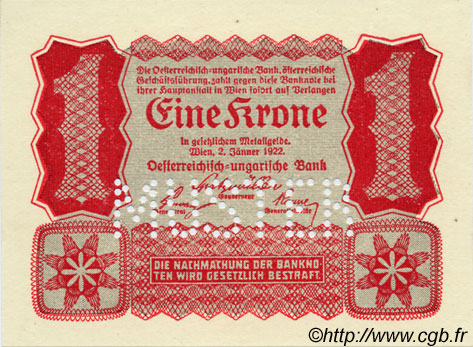 1 Krone Spécimen AUSTRIA  1922 P.073s FDC