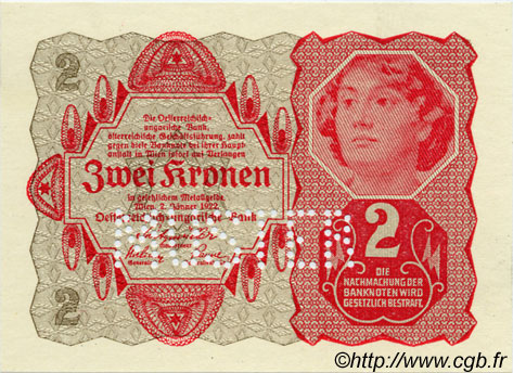 2 Kronen Spécimen AUSTRIA  1922 P.074s UNC