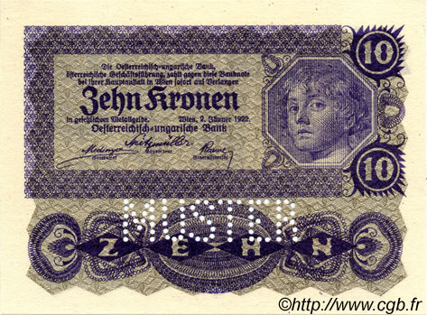 10 Kronen Spécimen AUSTRIA  1922 P.075s FDC