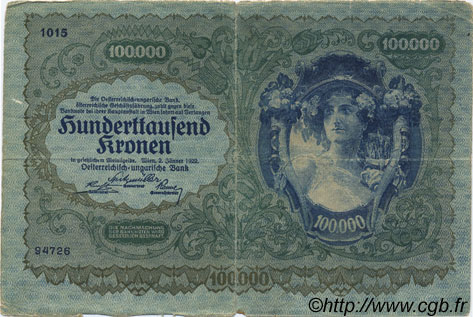 100000 Kronen ÖSTERREICH  1922 P.081 SGE