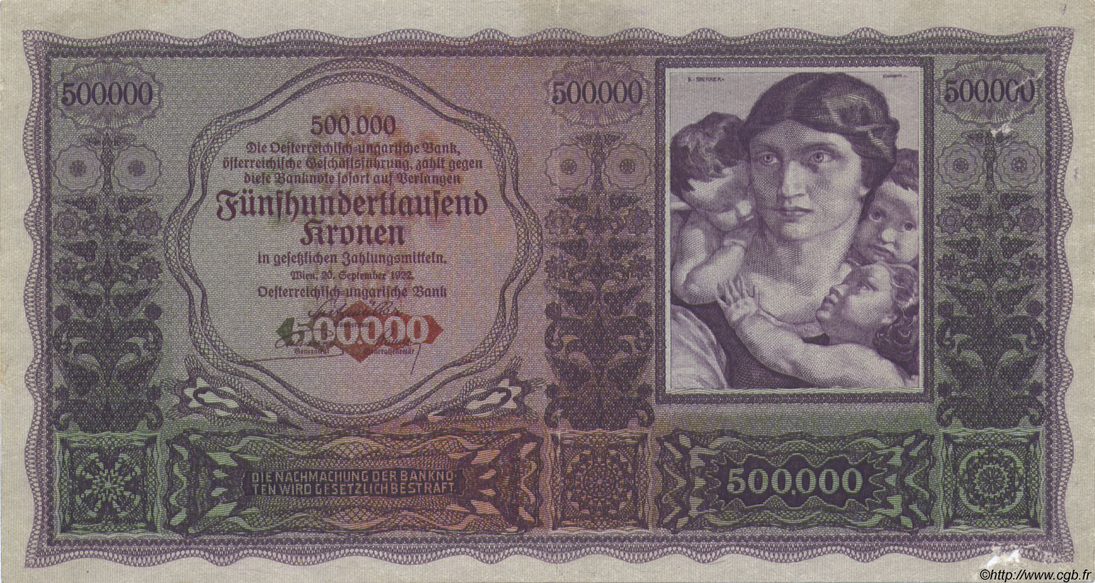 500000 Kronen ÖSTERREICH  1922 P.084 fVZ