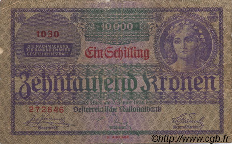 1 Schilling sur 10000 Kronen ÖSTERREICH  1924 P.087 fS