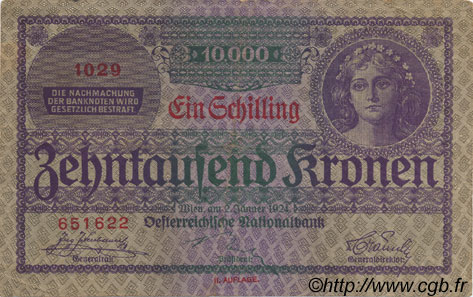 1 Schilling sur 10000 Kronen AUSTRIA  1924 P.087 MBC