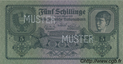 5 Schillinge Spécimen AUSTRIA  1925 P.088s UNC