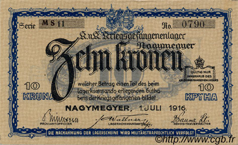 10 Kronen AUSTRIA Nagymegyer 1916 L.37h1 XF+