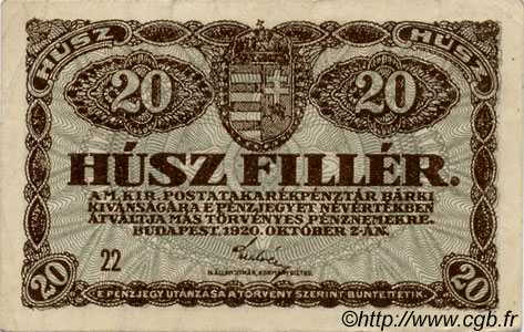 20 Filler HUNGRíA  1920 P.043 MBC