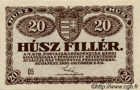 20 Filler HUNGARY  1920 P.043 XF+
