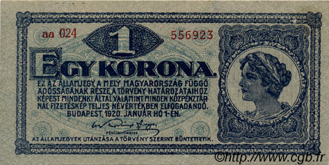 1 Korona HUNGARY  1920 P.057 VF+