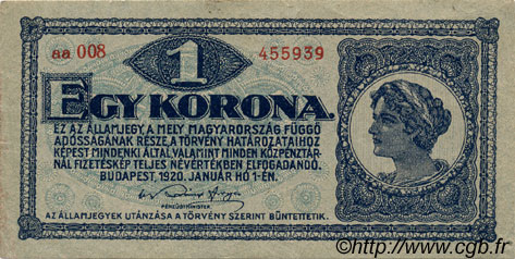 1 Korona HUNGARY  1920 P.057 XF