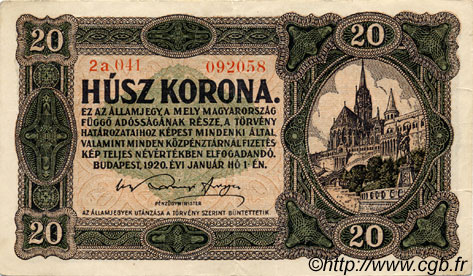 20 Korona HUNGARY  1920 P.061 VF