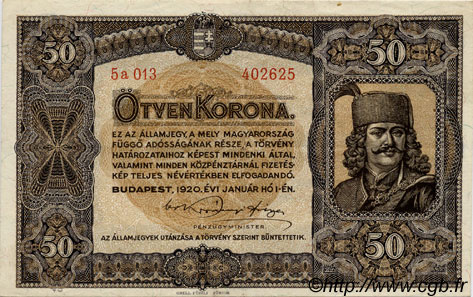50 Korona UNGARN  1920 P.062 fVZ