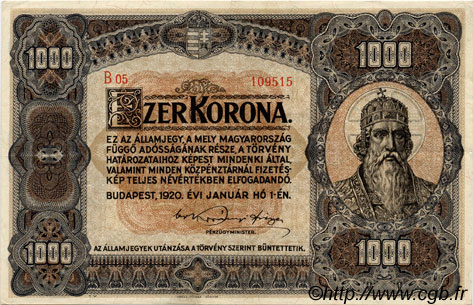 1000 Korona HUNGARY  1920 P.066a XF