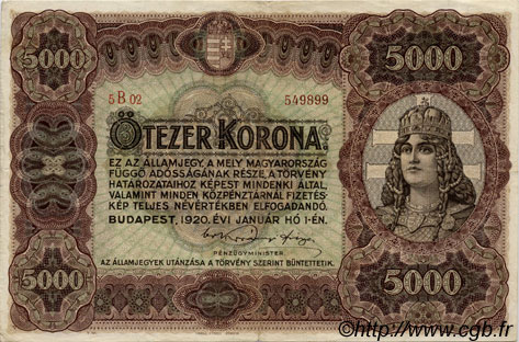 5000 Korona HUNGARY  1920 P.067 VF+