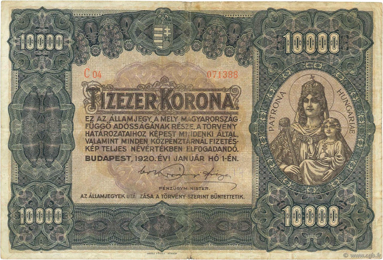 10000 Korona HUNGRíA  1920 P.068 BC+