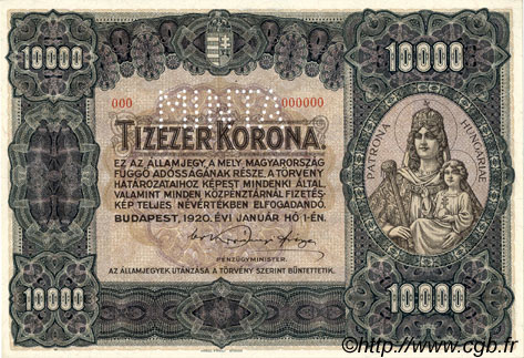 10000 Korona Spécimen UNGARN  1920 P.068s fST+