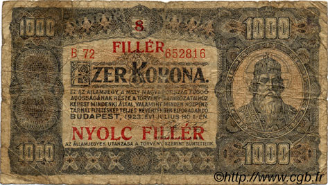 8 Filler sur 1000 Korona HUNGARY  1925 P.081b G