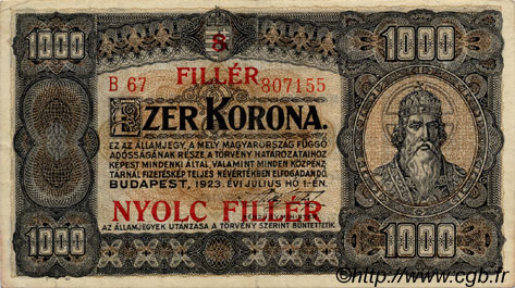 8 Filler sur 1000 Korona UNGARN  1925 P.081b fVZ