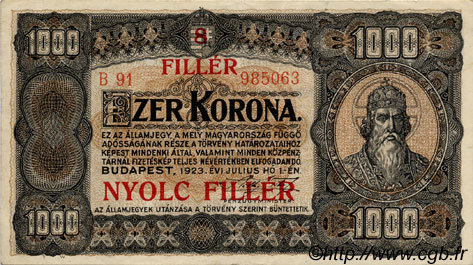 8 Filler sur 1000 Korona UNGARN  1925 P.081b VZ