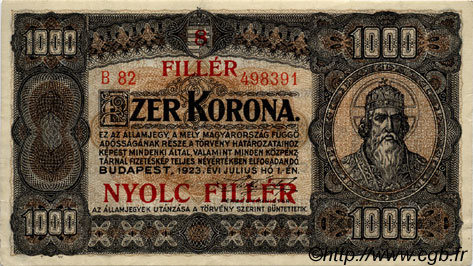 8 Filler sur 1000 Korona HUNGARY  1925 P.081b AU