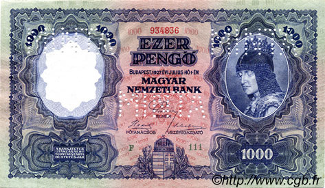 1000 Pengö Spécimen HUNGARY  1927 P.094bs UNC-
