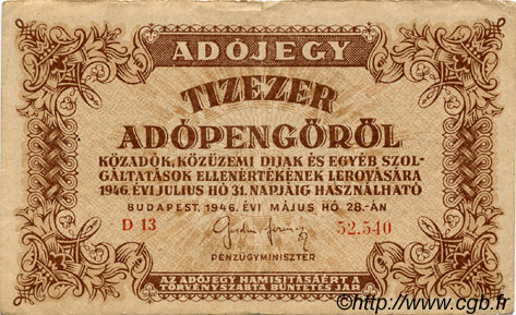 10000 Adopengö HUNGARY  1946 P.143a VF