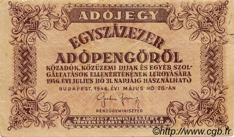 100000 Adopengö HUNGARY  1946 P.144b VF