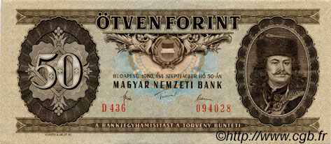 50 Forint HUNGRíA  1980 P.170d MBC