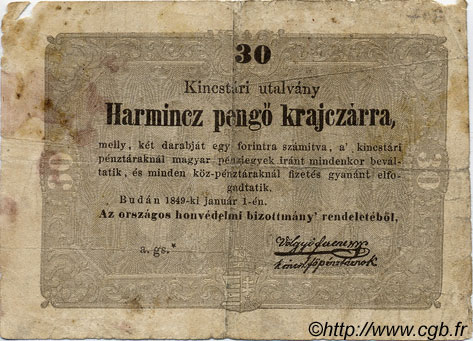 30 Pengö Krajczar HUNGRíA  1849 PS.122 RC+