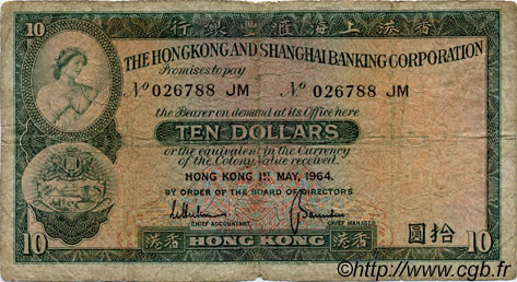 10 Dollars HONG KONG  1964 P.182c G