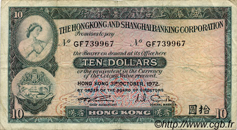 10 Dollars HONG KONG  1972 P.182g q.MB