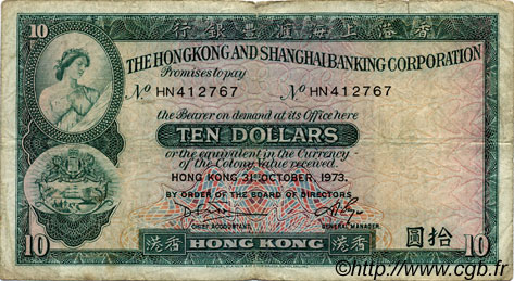 10 Dollars HONG KONG  1973 P.182g VG