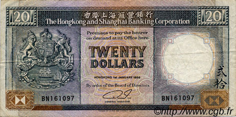20 Dollars HONGKONG  1989 P.192c S to SS