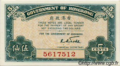 5 Cents HONG KONG  1941 P.314 NEUF