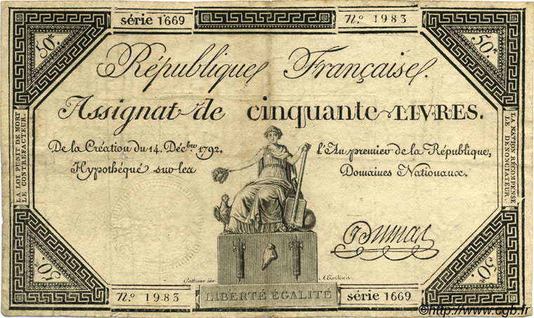 50 Livres FRANCE  1792 Laf.164 VF