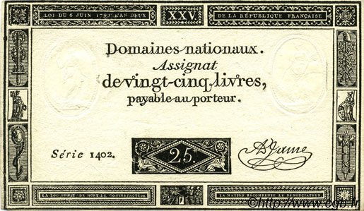 25 Livres FRANCE  1793 Laf.168 UNC-