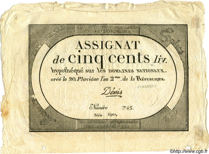 500 Livres FRANKREICH  1794 Laf.172 fVZ