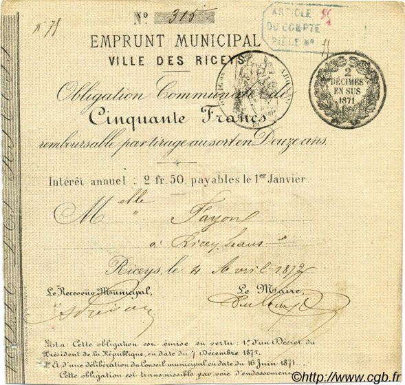 50 Francs FRANCE regionalismo e varie Les Riceys 1872 JER.10.08B q.SPL