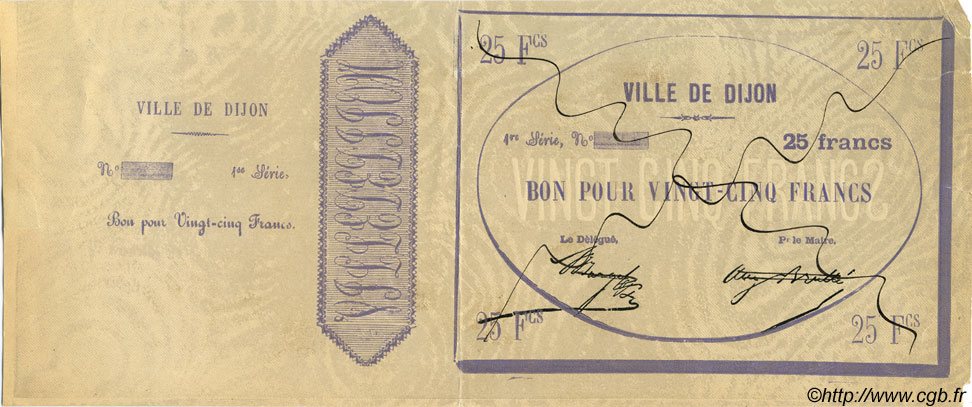 25 Francs Essai FRANCE Regionalismus und verschiedenen Dijon 1870 JER. VZ