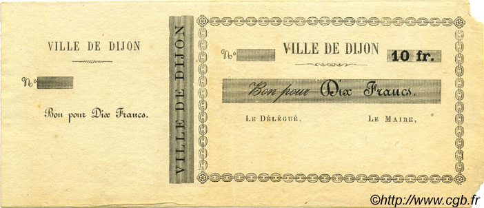 10 Francs Non émis FRANCE regionalismo y varios Dijon 1870 JER.21.03B MBC